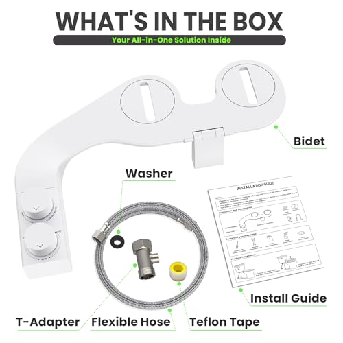 Toilet Bidet With Left/Right Side Reversible Design, Fresh Water, Non-Electric, Toilet Bidet Attachment, Right/Left Hand Side with Dual Nozzle, Self-Clean, Easy to Install (White Knob) - color: White Knob