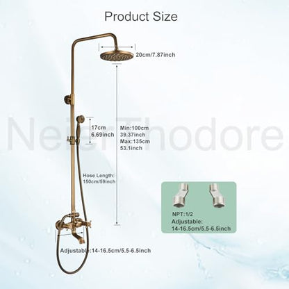 NeierThodore Antique Brass 8-Inch Bathroom Shower Faucet System Rainfall Shower Head Wall-Mounted Dual Cross Handle Bathtub Shower Mixer Tap with Hand Sprayer - color: Antique Brass, size: 8 Inch 3 Modes