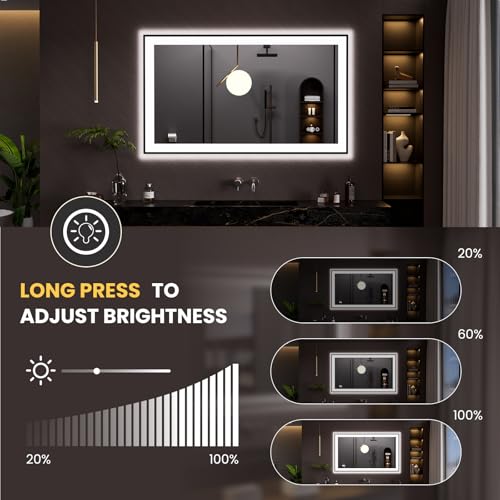 LOAAO 48"X28" LED Bathroom Mirror Black Framed | Anti-Fog, Dimmable, Memory Function, Tempered Glass, Lighted Vanity Mirror for Wall - size: 48"L x 28"W