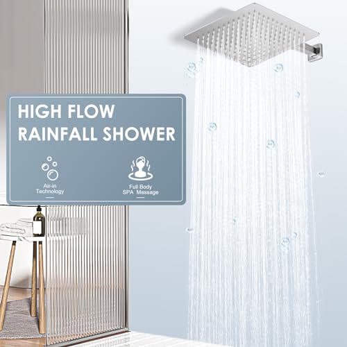 12 inch Ceiling Rain Shower Head Chrome Polished - All Metal 304 Stainless Steel, Full Body Rainrfall Shower with 144 Silicone Nozzles, Large Square Showerheads Modern Bathroom - color: A-Chrome Polished, size: 12 Inch Square