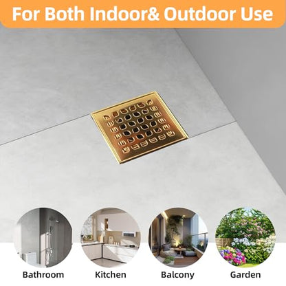 4-Inch Square Shower Drain Kit with Bonding Flange, Polished Gold | Removable 304 stainless steel grate with hair strainer; fits 2- and 3-inch pipes for tiled shower floors and wet areas - size: 4in-Gold