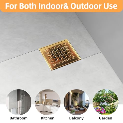4-Inch Square Shower Drain Kit with Bonding Flange, Polished Gold | Removable 304 stainless steel grate with hair strainer; fits 2- and 3-inch pipes for tiled shower floors and wet areas - size: 4in-Gold