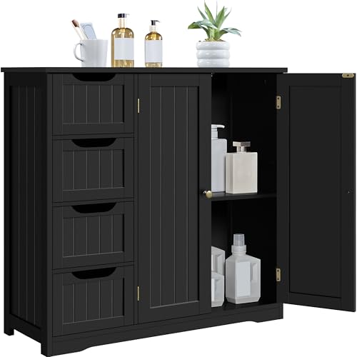 Yaheetech Small Bathroom Storage Cabinet with 4 Drawers & 2 Doors, Black | Freestanding Floor Organizer, Slim 12in Depth, Laundry Room, Entryway Ready, Stores Towels, Toiletries, Medicine, MDF Build - color: Black, style: 2 Doors + 4 Drawers