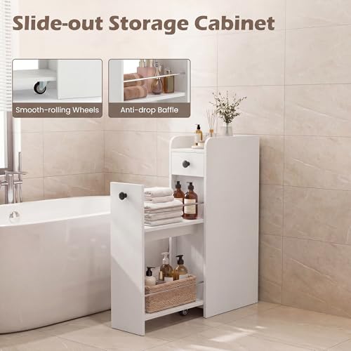 COSTWAY Slim Bathroom Cabinet, Freestanding Narrow Organizer, White | 7" Wide Space-Saving Storage with 2-Tier Slide-Out Drawer, Shelf & Toilet Paper Holder, for Bathroom, Laundry & Small Spaces - color: White