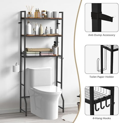 Over the Toilet Storage Cabinet Bathroom Storage Above Toilet | Over the Toilet Shelf, with Paper Holder and 4 Hooks, with Metal Frame, Space-Saving, Large Capacity Storage, Brown - color: Brown