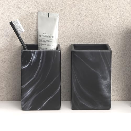 Matte Black Toothbrush Holders for Bathrooms - 2 Marble Square Cups Ceramic Toothbrush Toothpaste Holders Set, Black Bathroom Tumbler Cups Reusable Toothbrush Cup, Bathroom Counter Organizer - color: Black Marble, size: 2pcs