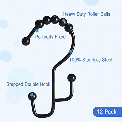 SUTINE Shower Curtain Hooks, 12 Pcs Double Shower Curtain Hooks Rings, Black Shower Curtain Hooks Rust Proof, Stainless Steel Bathroom Shower Hooks for Shower Curtain, Towels, Clothing, Black - color: Black