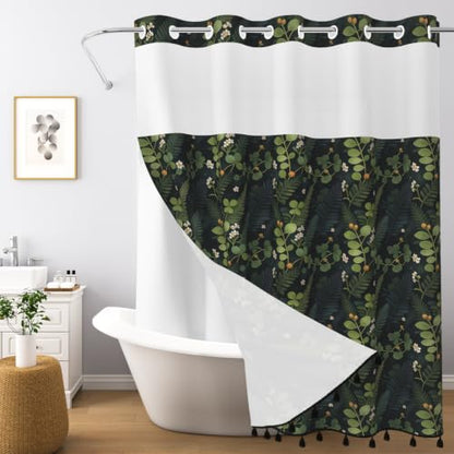Botanical Shower Curtain with Snap in Liner & Tassels, 71x77 Inch | No Hook Needed & Mesh Top, Double Layer Waterproof Fabric, Dark Green Jungle Plant Leaf Design for Modern Farmhouse Bathroom - color: Dark Green Botanical