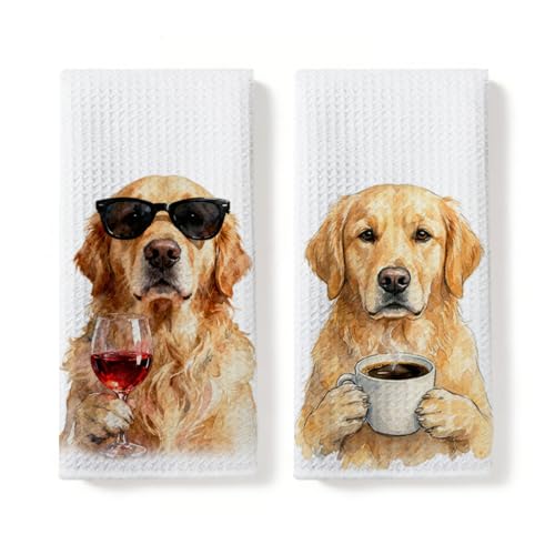 2Pcs Golden Retriever Kitchen Towels,Golden Retriever Gifts Wine Hand Towel | Golden Retriever Gifts Waffle Dish Towels for Kitchen Home Bathroom Decor, Dog Gifts for Women Girls Mom 14x24 Inch - color: Multi 0775