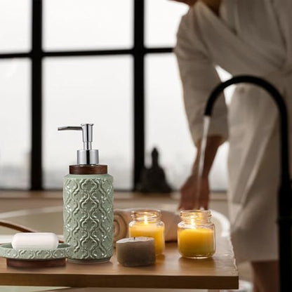 RQYIXI Ceramic 4-Piece Bathroom Accessories Set,Sage Green | Countertop Essentials Embossed Textured Design Solid Wood Non-Slip Detail Sage Green Finish - color: Green, size: Embossed Textured-4-Piece