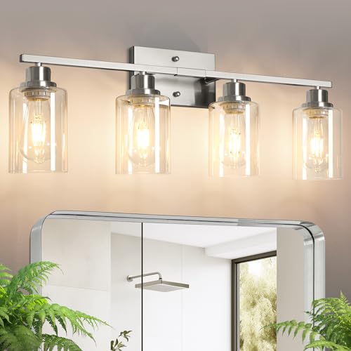 Ascher Bathroom Light Fixtures, 4-Light Vanity Light Over Mirror, Brushed Nickel Wall Sconces with Clear Glass Shades, Wall Lamp for Living Room Bedroom, E26 Base(Bulbs Not Included) - color: Brushed Nickel & Clear Glass, size: 4-Light