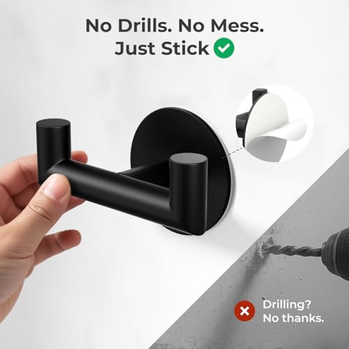 GWAAZXGZ 2 Pack Black Bathroom Hooks for Towels, Robes, Coats, Shower Use | Self-Adhesive, Stainless Steel, Rust Resistant, Double hooks, Easy Install, Space Saving - color: Black