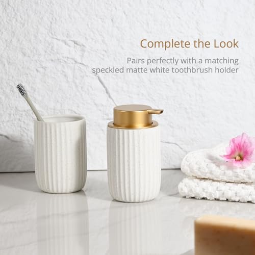 Speckled White Ceramic Foam Dispenser, Rippled Shape Gold Top | Modern Minimal Design, Subtle Bathroom Upgrade, Elegant Gold Accent, Marble Decor Match, Soft Foam Pump, 12 oz Capacity - color: White, Golden