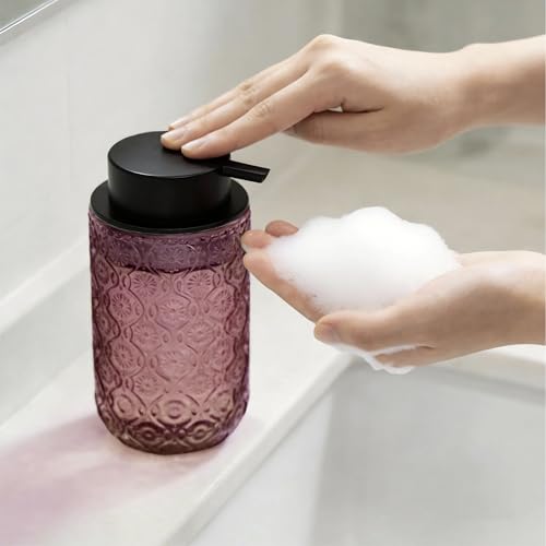 13.5 oz Glass Soap Dispenser, Luxurious Floral Embossed Glass Bathroom Countertop Foaming Pump for Kitchen Vanity (Pink) - color: Pink