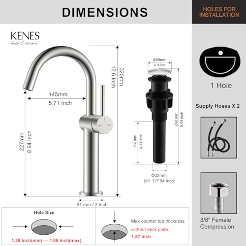Brushed Nickel Vessel Sink Faucet Single Handle, Tall Bathroom Faucet | Vessel Bowl Faucet with Pop Up Drain & Supply Lines, Lead-Free cUPC & NSF Certified, 1 Hole Faucet for Vanity RV Restroom - color: Brushed Nickel, size: Tall