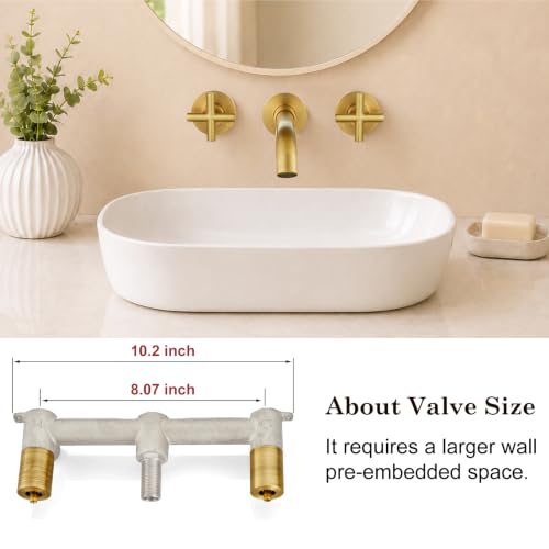 Midanya Wall Mount Bathroom Faucet 3 Hole 2 Cross Handle,Antique Brass | SUS304 Stainless Steel,Rough-in Valve Included,360° Swivel Spout,for Bathroom Sink,Vanity - color: Antique Brass