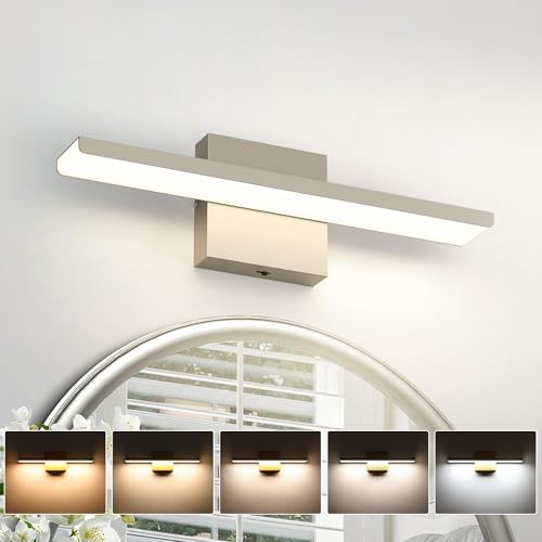 JUSHENG Brushed Nickel Modern LED Vanity Lights for Bathroom Light Fixtures, 16 Inch 16W 5CCT Dimmable Vanity Light Bar Bathroom Lighting, ETL Certificated - color: Brushed Nickel-5CCT, size: 16'' Long-Dimmable