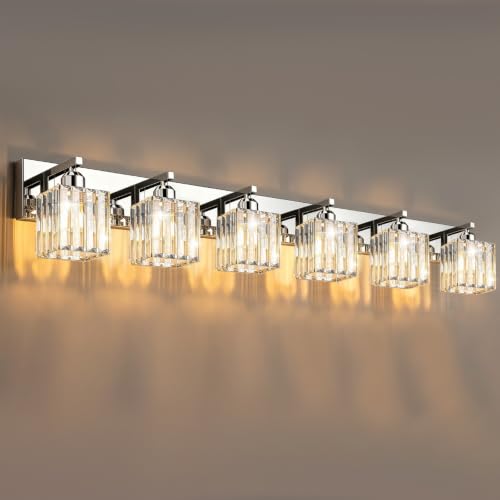 Brushed Chrome Crystal Bathroom Vanity Light, 6-Light Modern Bathroom Lighting Fixtures Over Mirror,Chrome Wall Sconce Light Fixtures with Square Shade - color: Chrome-Square Shade, size: 6-LIGHT