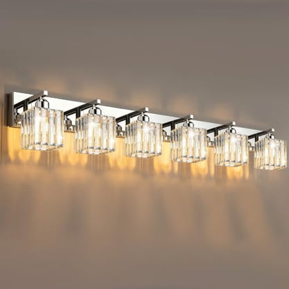 Brushed Chrome Crystal Bathroom Vanity Light, 6-Light Modern Bathroom Lighting Fixtures Over Mirror,Chrome Wall Sconce Light Fixtures with Square Shade - color: Chrome-Square Shade, size: 6-LIGHT