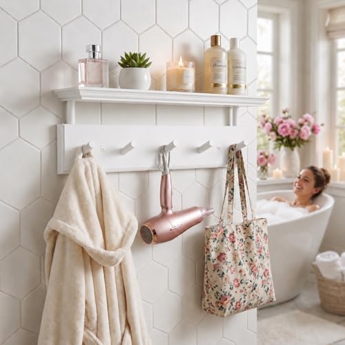 Matías Coat Rack Wall Mount with Shelf, 18 Inch Solid Wood Peg Rail, Wall Mounted Coat Rack with 5 Hooks, Wall Mount Shelf for Entryway, Bathroom or Bedroom (White) - color: White