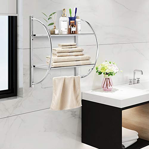 Tangkula Wall Mount 2 Tier Bathroom Shelf with Bars, 18" W X 10" D X 22" H, Home Toilet Double Layer Rustproof Chrome Shelf - color: Silver