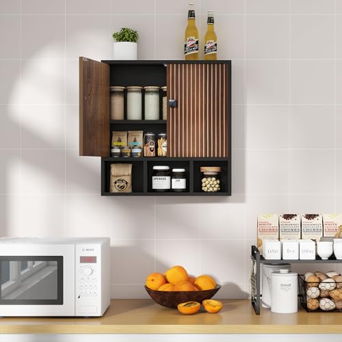 Bathroom Wall Cabinet,Wooden Medicine Cabinet with Fluted Doors Over The Toilet Storage Cabinet with Adjustable Shelf for Bathroom (Black) - color: Black-wood Block