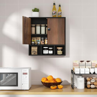 Bathroom Wall Cabinet,Wooden Medicine Cabinet with Fluted Doors Over The Toilet Storage Cabinet with Adjustable Shelf for Bathroom (Black) - color: Black-wood Block