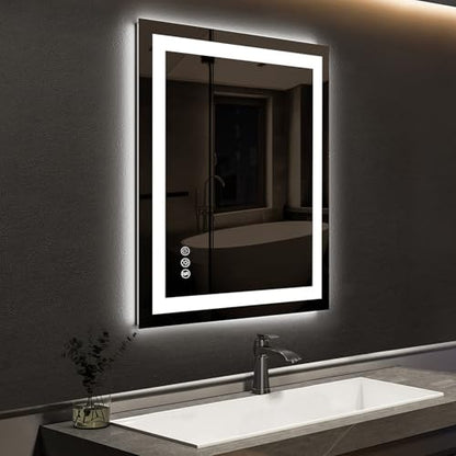 ROOMTEC 24x30 Inches LED Bathroom Mirror with Lights, Vanity Mirror with Front and Backlight, Smart Dimmable Anti-Fog LED Mirror for Bathroom, Memory Function, Tempered Glass (Horizontal/Vertical) - size: 24"L x 30"W