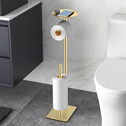FEILERN Toilet Paper Holder Stand for Bathroom Floor Standing Toilet Roll Dispenser Storages 4 Reserve Rolls, with Top Storage Shelf for Cell Phones, Wipe, Wallet and More(Gold) - color: Gold