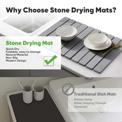 Stone Drying Mat for Kitchen Counter, Quick Diatomaceous Earth Mats for Dishes, 24"L x 16" W Super Absorbent Fast-Drying Collapsible Countertop Stone Mat (Light Grey, 24" x 16") - color: Light Grey