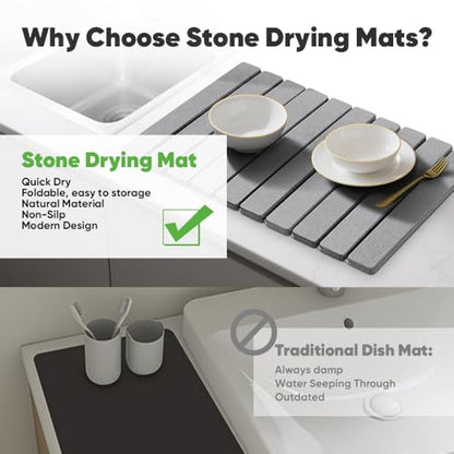 Stone Drying Mat for Kitchen Counter, Quick Diatomaceous Earth Mats for Dishes, 24"L x 16" W Super Absorbent Fast-Drying Collapsible Countertop Stone Mat (Light Grey, 24" x 16") - color: Light Grey