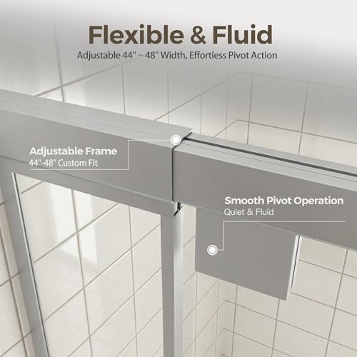 44-48" W x 72" H Pivot Shower Doors, Semi-Frameless Swing Water Repellent Glass Shower Doors with 1/4" (6mm) Clear SGCC Tempered Glass, Chrome Finish, Reversible Installation, Magnetic Closing | 1/4" (6mm) Clear SGCC Tempered Glass with a 24.8" walk-in op
