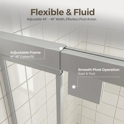 44-48" W x 72" H Pivot Shower Doors, Semi-Frameless Swing Water Repellent Glass Shower Doors with 1/4" (6mm) Clear SGCC Tempered Glass, Chrome Finish, Reversible Installation, Magnetic Closing | 1/4" (6mm) Clear SGCC Tempered Glass with a 24.8" walk-in op