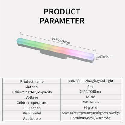 16 Inches Rechargeable Wall Lights Bar,Cold White with RGB | 4000Ma Battery Operated Magnetic LED Vanity Lights For Mirror, Remote Control Color Change Bathroom Makeup Light - color: Cold white and RGB