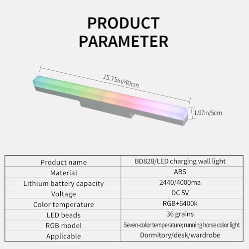 Rechargeable Wall Lights Bar Set of 2,Cold White with RGB | 16 Inches 4000Ma Battery Operated Magnetic LED Vanity Lights For Mirror, Remote Control Color Change Bathroom Makeup Light - color: Cold white with RGB
