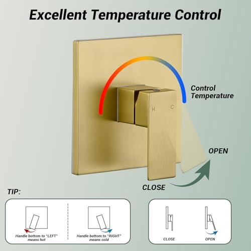 Shower Faucet Set with Valve, 8 Inch Square Rain Shower Head, Brushed Gold | SUS304 Stainless Steel, Brass Rough-in Valve, Single Handle, Air Pressure Boost, Shower Trim Kit, Male Threads - color: Brushed Gold
