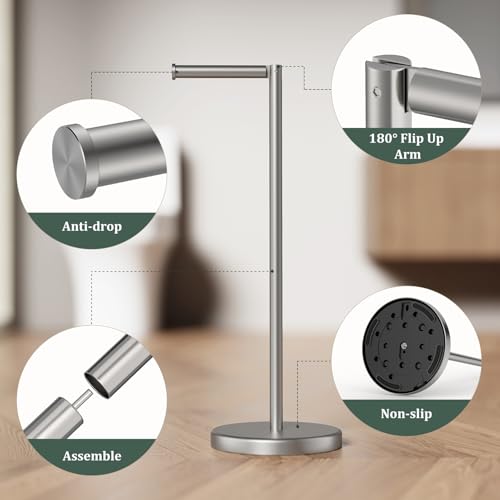 Brushed Nickel Toilet Paper Holder Stand Free Standing Tissue Roll Holder | Freestanding Toilet Paper Stand Storage for Bathroom 304 Stainless Steel Rustproof for 4 Rolls(Fits All Rolls) by Evolvegoods - color: Brushed Nickel