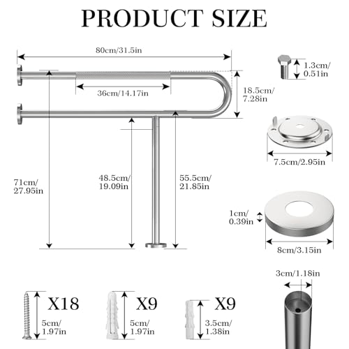 Toilet Grab Bar Support Rail 31.5 Inch, Anti-Slip Knurled Brushed Nickel Safety Bar, Handicap Bathroom Handrails for Elderly Disabled Pregnant, 304 Stainless Steel Wall to Floor - size: 31.5in