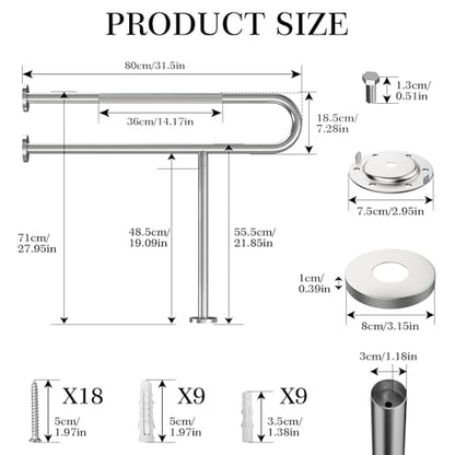 Toilet Grab Bar Support Rail 31.5 Inch, Anti-Slip Knurled Brushed Nickel Safety Bar, Handicap Bathroom Handrails for Elderly Disabled Pregnant, 304 Stainless Steel Wall to Floor - size: 31.5in