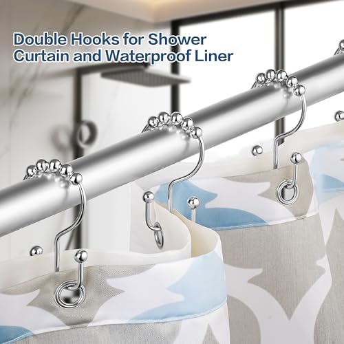 DAWNER Shower Curtain Hooks, Rust Proof Metal Easy Glide Double Rings, Stainless Steel Hangers for Bathroom Curtains, Set of 12, Polished Chrome - color: Chrome