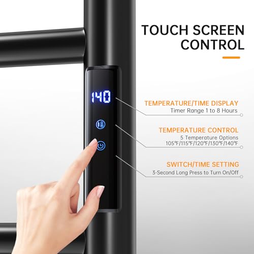 Towel Warmer Rack, Heated Towel Racks for Bathroom, Wall Mounted Towel Warmer, Stainless Steel 6-Bars Drying Rack with Intelligent Touch Screen Timer, Matte Black