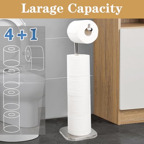 Toilet Paper Holder Stand, Free Standing Tissue Paper Storage for Bathroom, Stainless Steel Toilet Paper Stand with Reserve for 5Roll Weighted Base Bathroom Toilet Roll Holder(Brushed Nickel) - color: Brushed Nickel