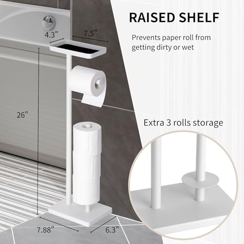 Clasin Home White Toilet Paper Holder Stand with Metal Top Shelf, Free Standing Bathroom Tissue Roll Holder with Weighted Base and Storage for 4 Rolls - color: White