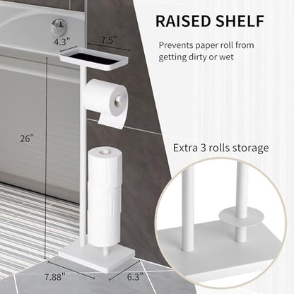 Clasin Home White Toilet Paper Holder Stand with Metal Top Shelf, Free Standing Bathroom Tissue Roll Holder with Weighted Base and Storage for 4 Rolls - color: White