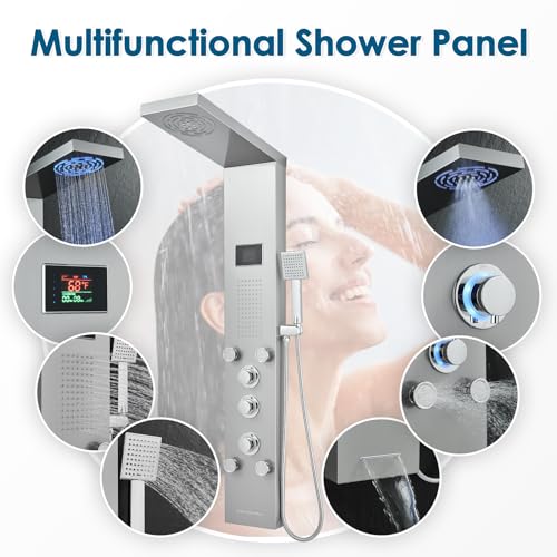 ROVOGO LED Shower Panel Tower With Lights & Digital Display, Water Powered | Rain Mist Shower Head, Handheld, 5 Body Jets, Tub Spout, Hydroelectric Shower Column Stainless Steel W/ Brass Valves, Brushed - style: 6-Function-Brushed-Water Powered