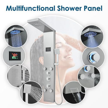 ROVOGO LED Shower Panel Tower With Lights & Digital Display, Water Powered | Rain Mist Shower Head, Handheld, 5 Body Jets, Tub Spout, Hydroelectric Shower Column Stainless Steel W/ Brass Valves, Brushed - style: 6-Function-Brushed-Water Powered