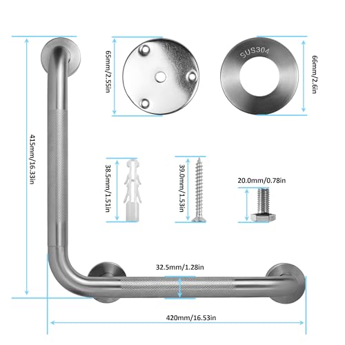 Angled Shower Grab Bar, 16x16 Inch Stainless Steel Bathroom Grab Bar, 1.25" Diameter L-Shaped Brushed Nickel Grab Bars for Bathtubs and Showers, Handicap Shower Grab Bar for Seniors Elderly - size: 16x16 Inch