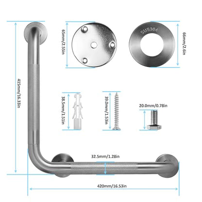 Angled Shower Grab Bar, 16x16 Inch Stainless Steel Bathroom Grab Bar, 1.25" Diameter L-Shaped Brushed Nickel Grab Bars for Bathtubs and Showers, Handicap Shower Grab Bar for Seniors Elderly - size: 16x16 Inch