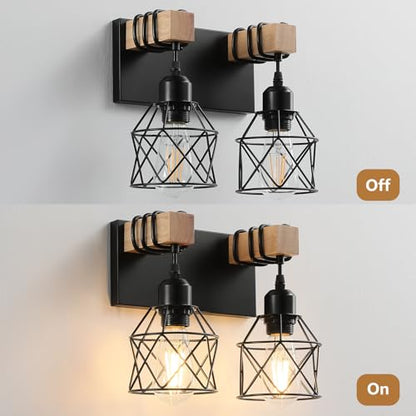 Farmhouse Vanity Light Fixture,2-Light Bathroom Lighting,Black Industrial Wood Wall Light Over Mirror with Metal Shade - color: Black, size: 2-Light-Wide 12"