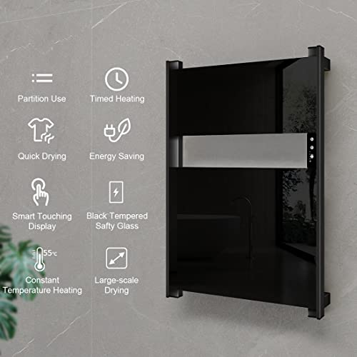Heated Towel Rack for Bathroom, Towel Warmer with Timer Wall Mounted, Electric Towel Warmer, Bath Towel Heater with Black Tempered Safty Glass, Graphene, Towel Drying Rack- 26.8 x18 inch(Black) - color: Black, size: 26.8" × 18"